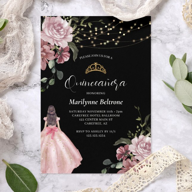 Princess Pink Floral Modern Quinceañera Invitation (Creator Uploaded)