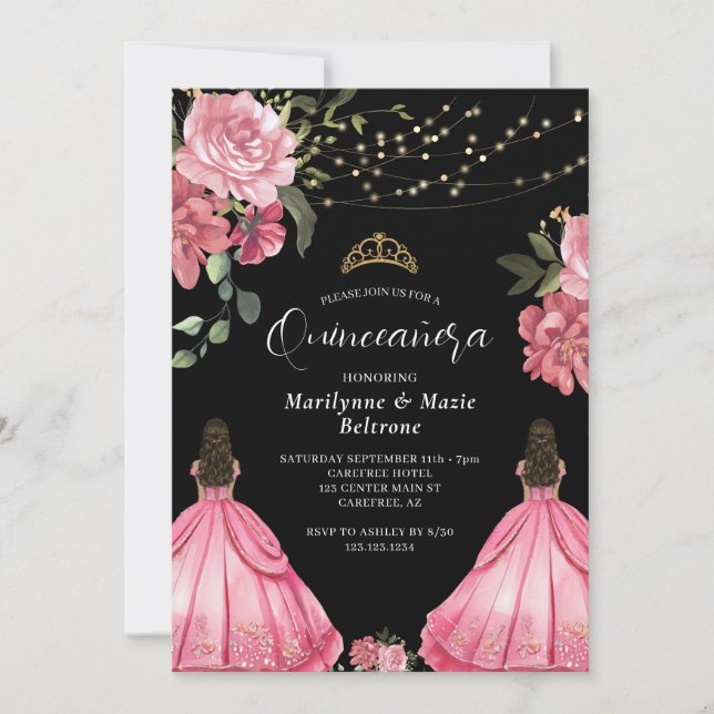 Princess Pink Floral Twins Quinceañera Invitation (Front)