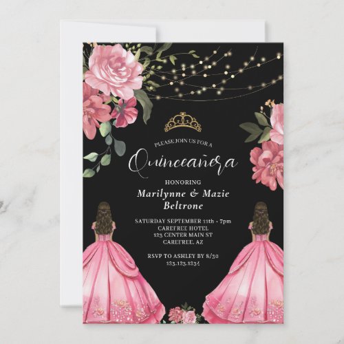 Princess Pink Floral Twins Quinceaera Invitation