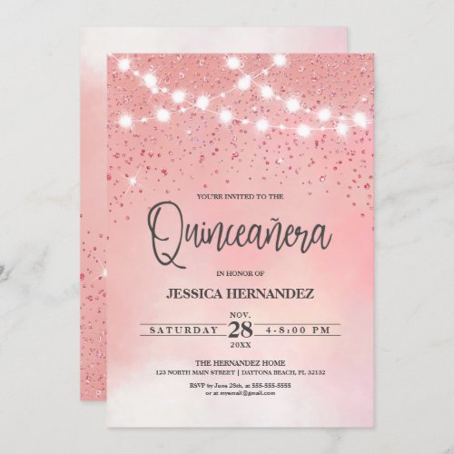Princess Pink Glitter Sparkles Lights Quinceaera Invitation