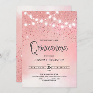 Princess Pink Glitter Sparkles Lights Quinceañera Invitation