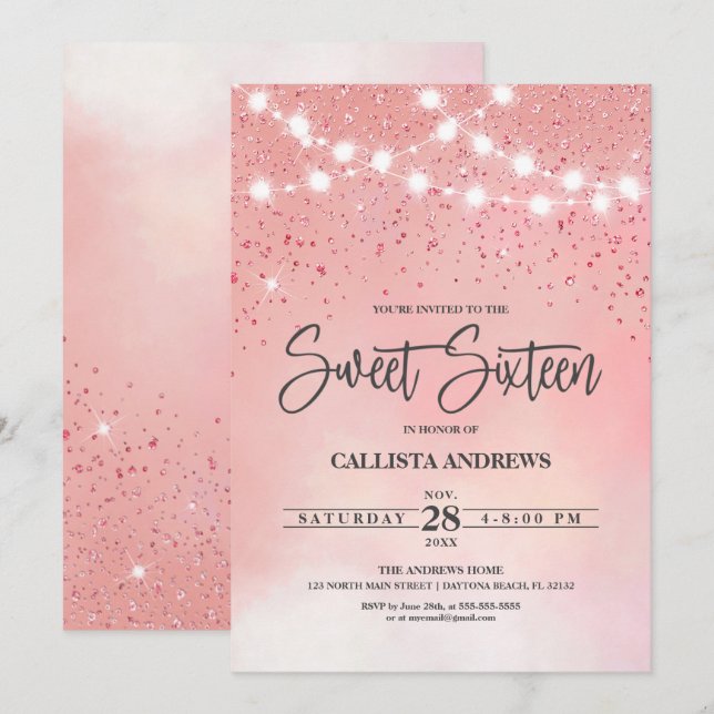 Princess Pink Glitter Sparkles Lights Sweet 16 Invitation (Front/Back)