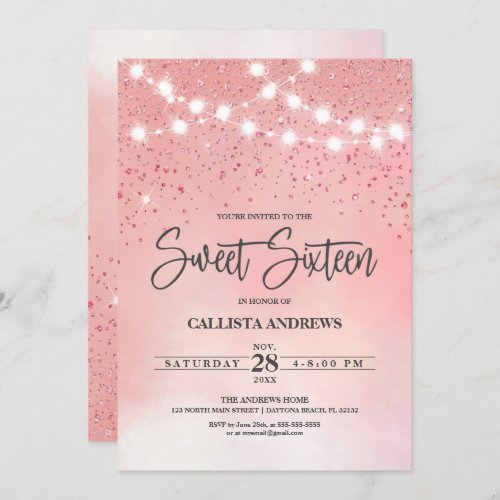 Princess Pink Glitter Sparkles Lights Sweet 16 Invitation