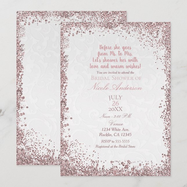 Princess Pink Glitter White Damask Bridal Shower Invitation (Front/Back)