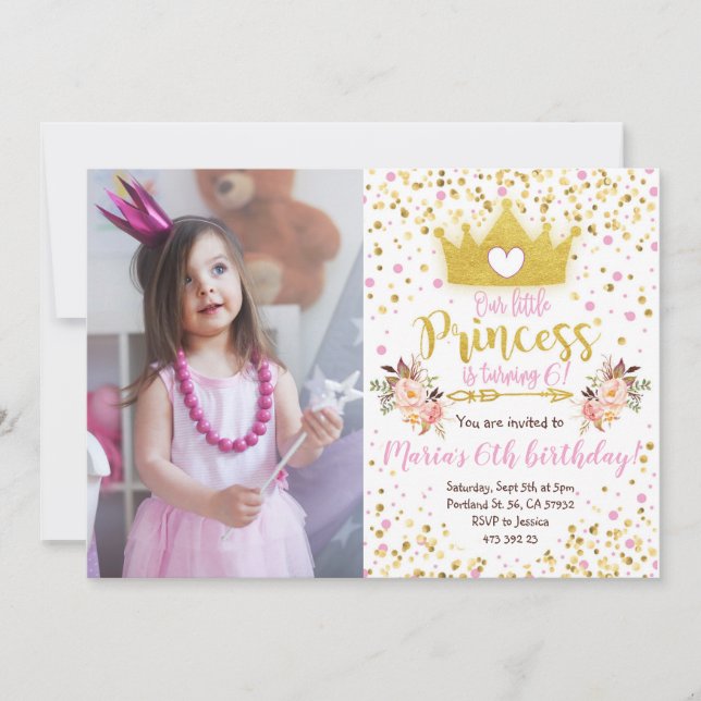 Princess Pink Gold Confetti Birthday Invitation  (Front)