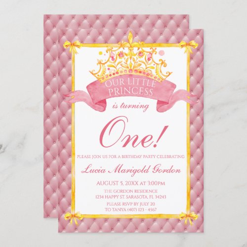 Princess Pink Gold Crown First Birthday Party Invitation
