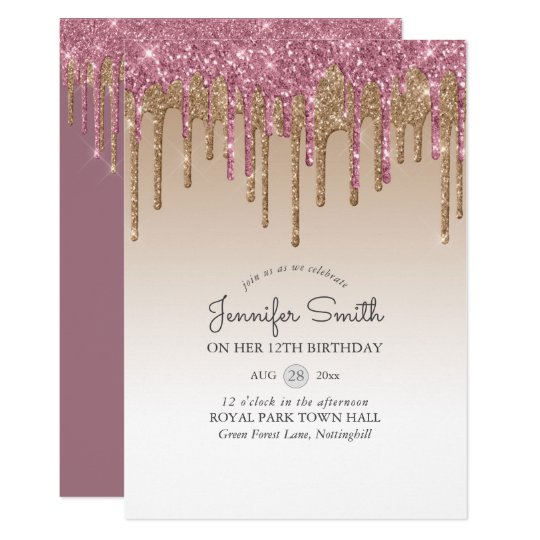 A6 Size 12th Birthday Party Invites Pack 10 Pink with photo effect glitter