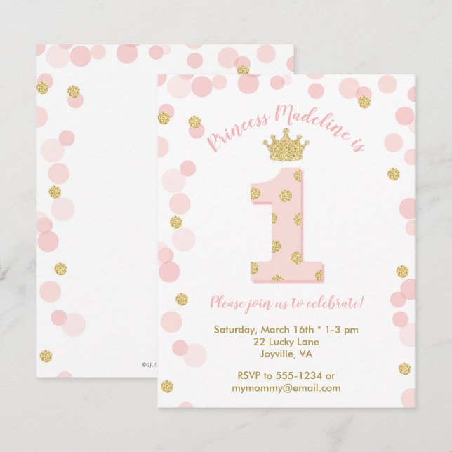 Princess Pink Gold Glitter 1st Birthday Invitation (Front/Back)