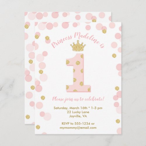 Princess Pink Gold Glitter 1st Birthday Invitation