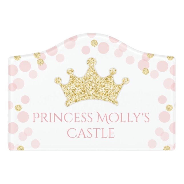 Princess Pink & Gold Glitter Bedroom Door Sign (Small Crest Front)