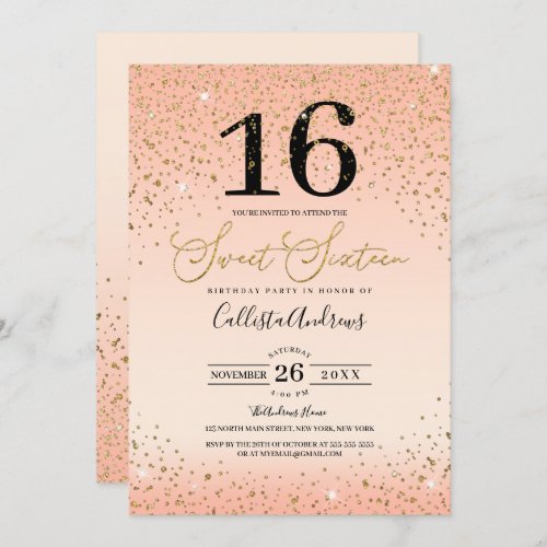 Princess Pink Gold Glitter Confetti Sweet 16 Invitation