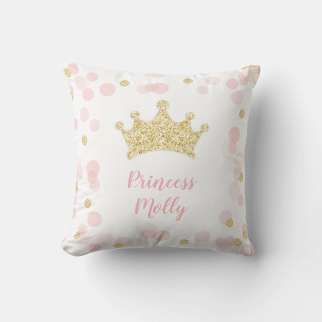 Princess Pink & Gold Glitter Crown Bedroom Nursery Throw Pillow (Front)