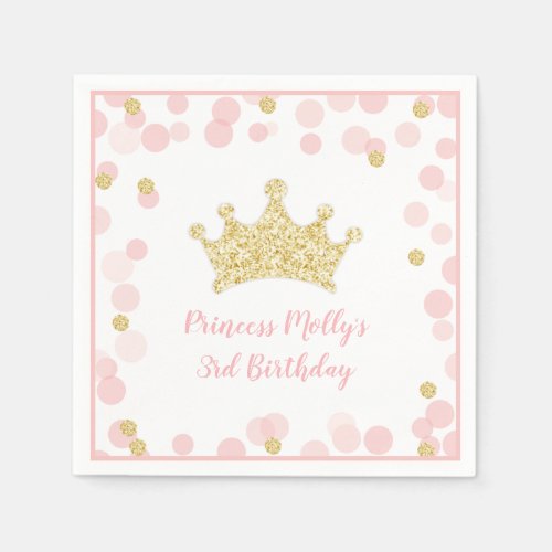 Princess Pink Gold Glitter Crown Birthday Napkins