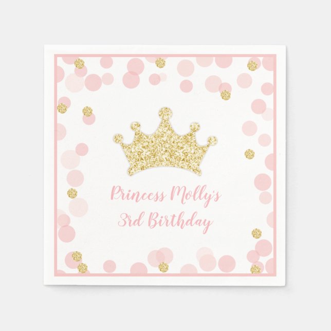 Princess Pink Gold Glitter Crown Birthday Napkins (Front)