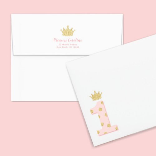 Princess Pink Gold Glitter Crown Birthday Party Envelope
