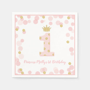 Princess Pink Gold Glitter Crown First Birthday Napkins