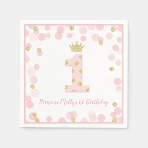 Princess Pink Gold Glitter Crown First Birthday Napkins