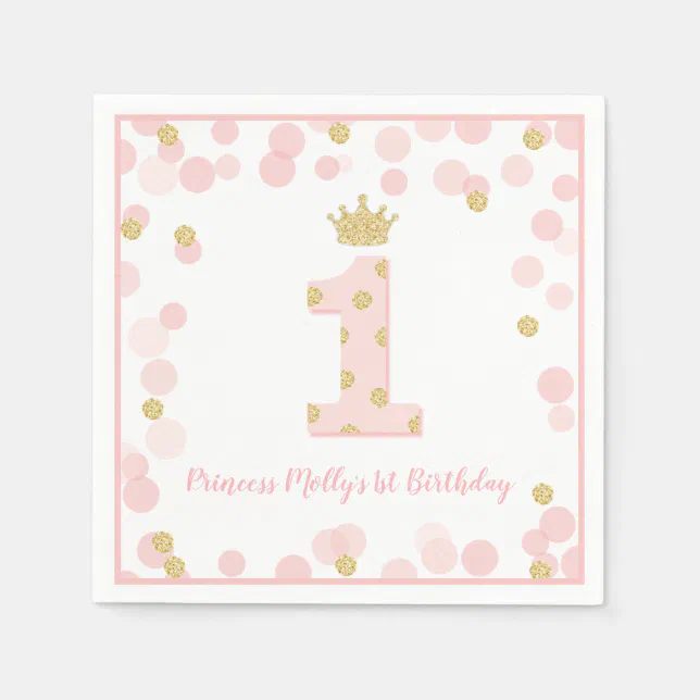 Princess Pink Gold Glitter Crown First Birthday Napkins | Zazzle