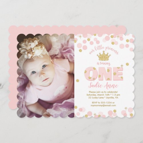 Princess Pink Gold Glitter First Birthday Invitation