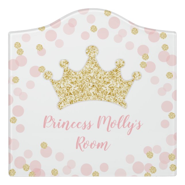 Princess Pink & Gold Glitter Girl Nursery Door Sign (Large Crest Front)