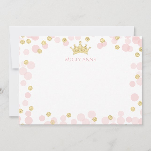 Princess Pink Gold Glitter Polka Dots Stationery Note Card (Front)