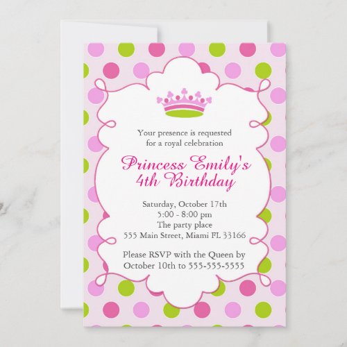 Princess Pink Green Girl Birthday Invitation