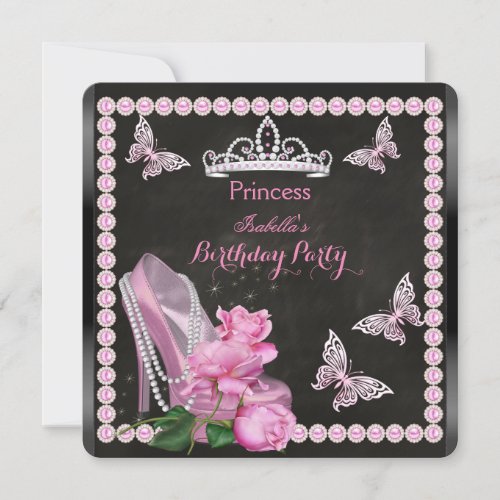 Princess Pink High Heel Rose Pearl Chalkboard Invitation