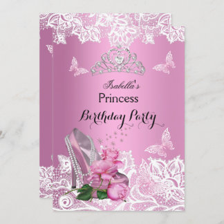 Princess Pink High Heel Roses Lace Birthday Party Invitation