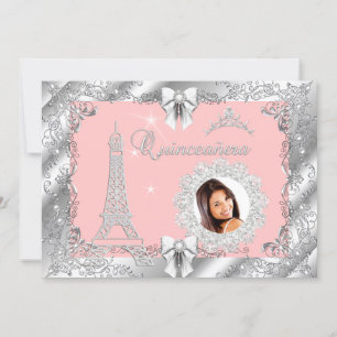 Princess Pink PEACH Quinceanera Silver Photo 2 Invitation