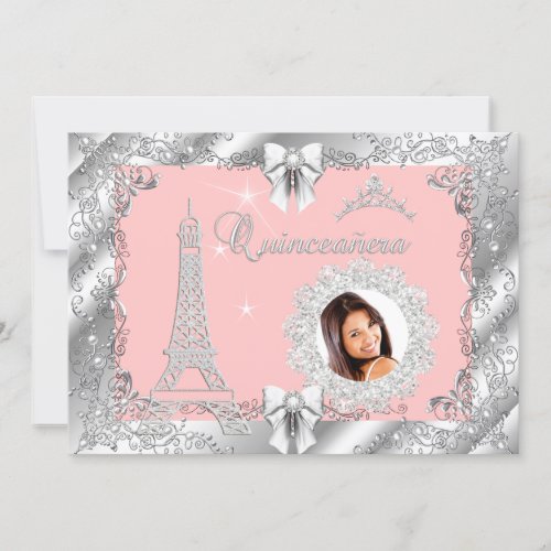 Princess Pink PEACH Quinceanera Silver Photo 2 Invitation