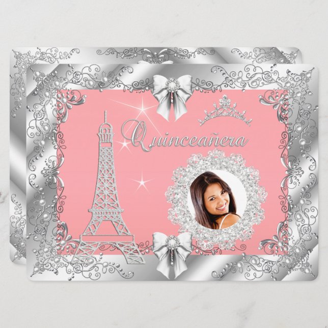 Princess Pink PEACH Quinceanera Silver Photo BIG Invitation (Front/Back)