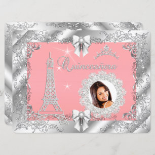 Princess Pink PEACH Quinceanera Silver Photo BIG Invitation