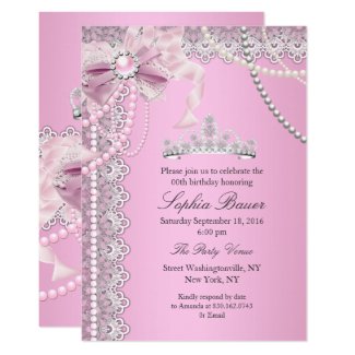 Princess Pink Pearl Bow Lace Birthday Party A Invitation