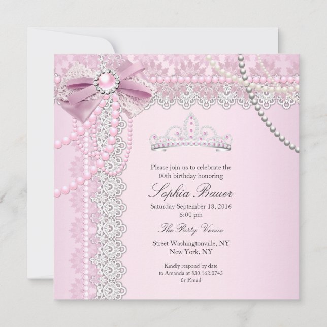 Princess Pink Pearl Bow Lace Birthday Party B Invitation (Front)