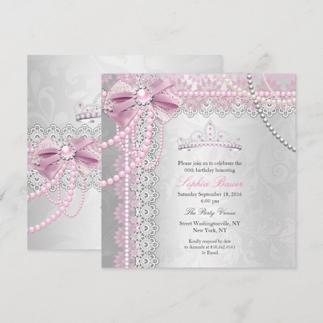Princess Pink Pearl Bow Lace Silver Birthday Party Invitation (Front/Back)