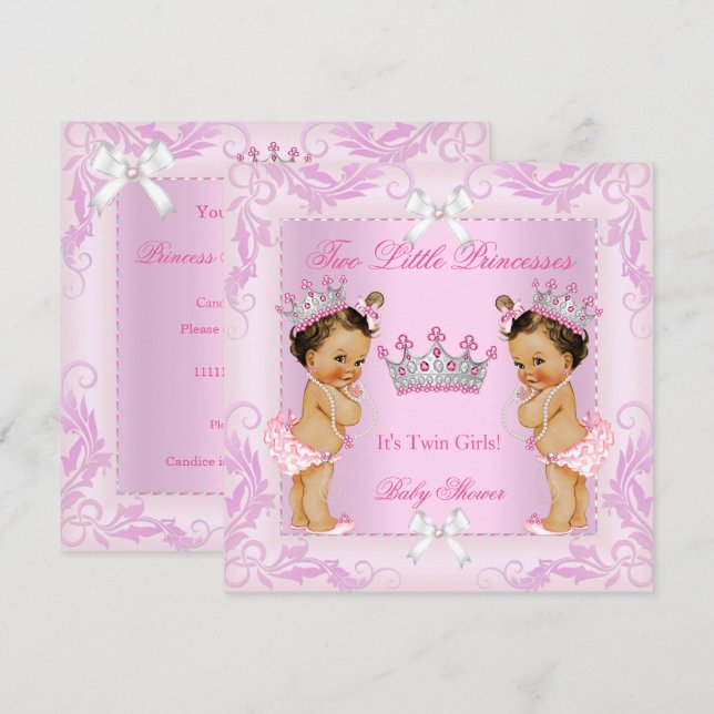 Princess Pink Pearls Twin Baby Shower Tiara BR Invitation (Front/Back)