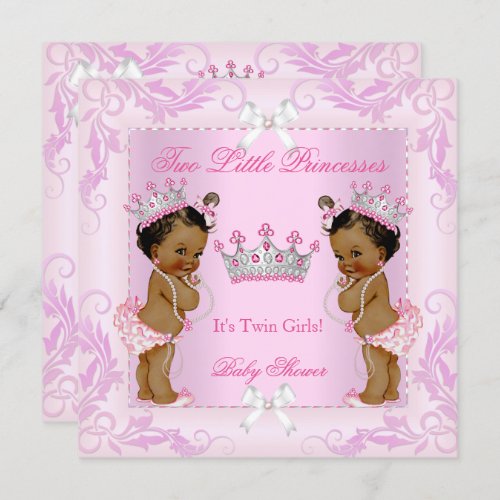 Princess Pink Pearls Twin Baby Shower Tiara Ethnic Invitation