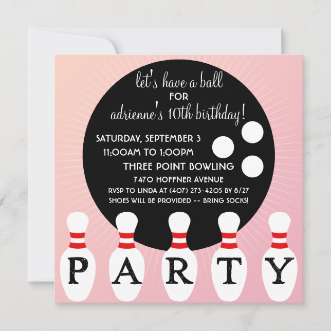 Princess Pink Pin Party Bowling Birthday Party Invitation (Front)