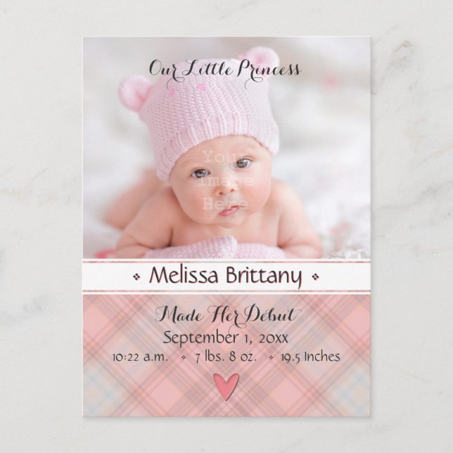 Princess Pink Plaid Baby Girl Birth Announcement Postcard (Front)