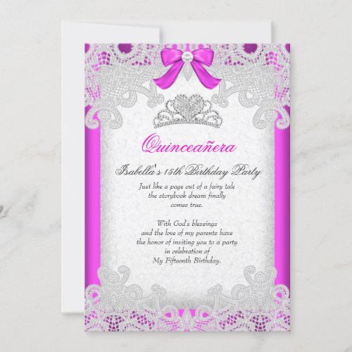 Princess Pink Quinceanera Hot Pink Lace Invitation