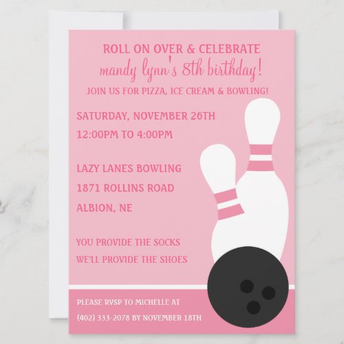 Princess Pink Roll On Over Bowling Birthday Party Invitation