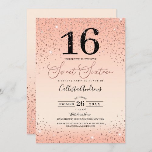 Princess Pink Rose Gold Glitter Confetti Sweet 16 Invitation
