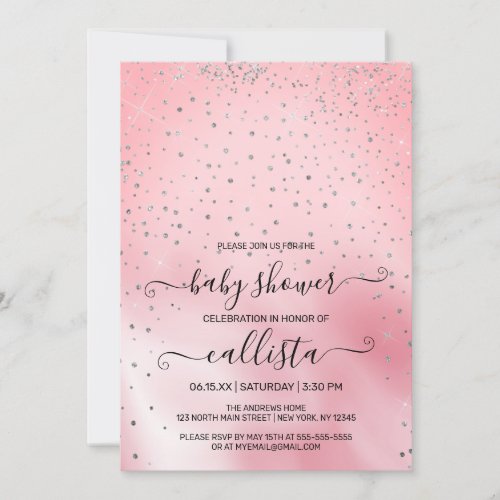 Princess Pink Silver Glitter Confetti Baby Shower Invitation