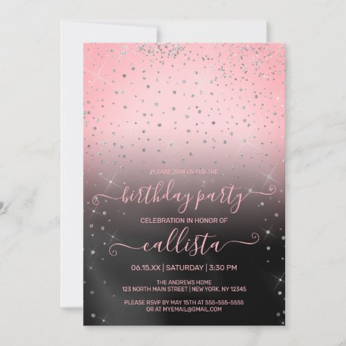 Princess Pink Silver Glitter Confetti Birthday Invitation