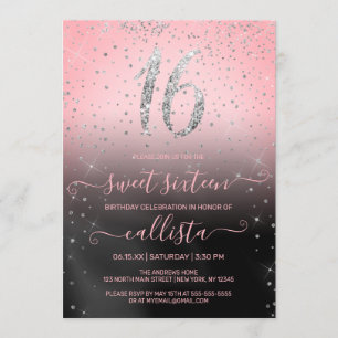Princess Pink Silver Glitter Confetti Sweet 16 Invitation