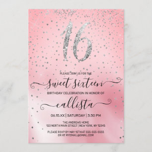 Princess Pink Silver Glitter Confetti Sweet 16 Invitation