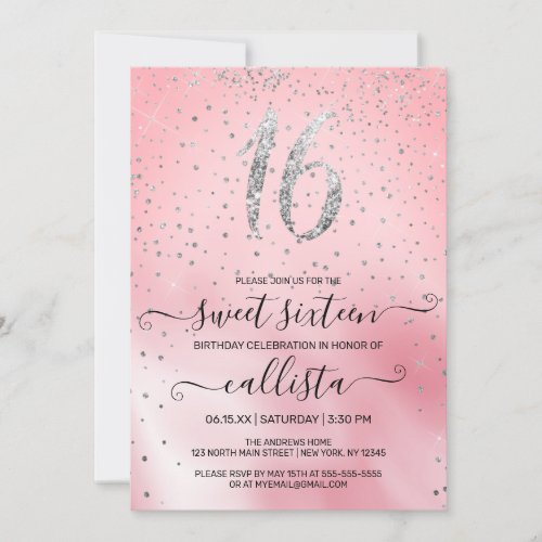 Princess Pink Silver Glitter Confetti Sweet 16 Invitation