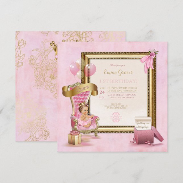 Princess Pink Velvet Throne Gold Crown Birthday Invitation (Front/Back)