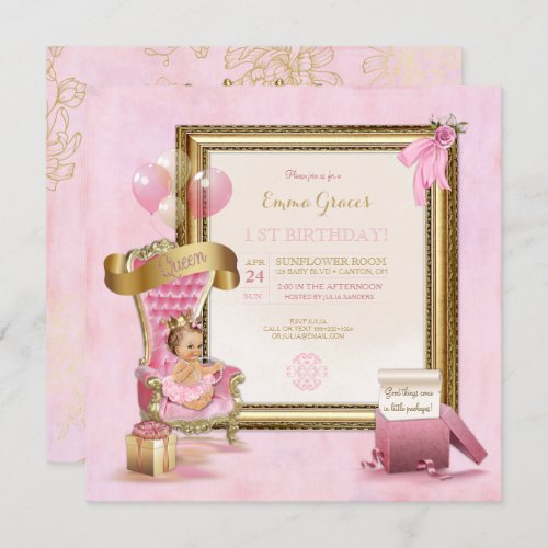 Princess Pink Velvet Throne Gold Crown Birthday Invitation