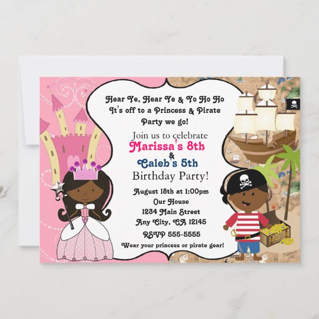 Princess & Pirate Dark Skin Ethnic Invitations (Front)